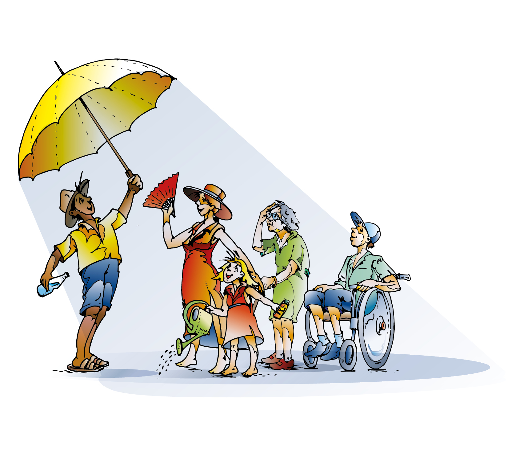 Illustration verschiedener Altersgruppen, die sich mit einem riesen Schirm vor Sonn en-Strahlen schützen